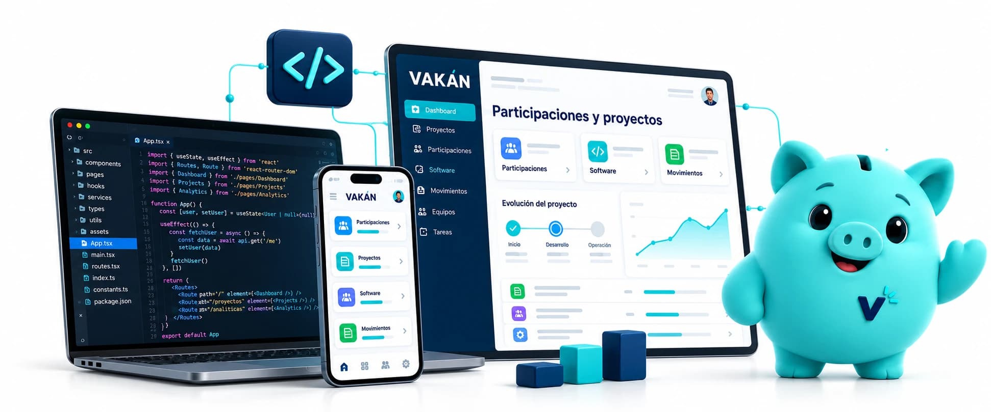 Vaki junto a pantallas de desarrollo de software y seguimiento de participaciones y proyectos
